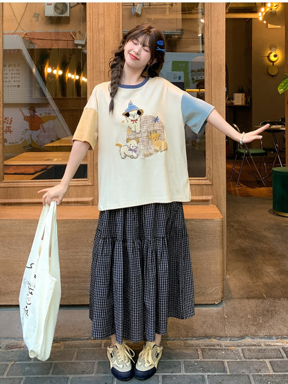 カラーブロックデザイン パピー刺繍Tシャツ オレンジブルー