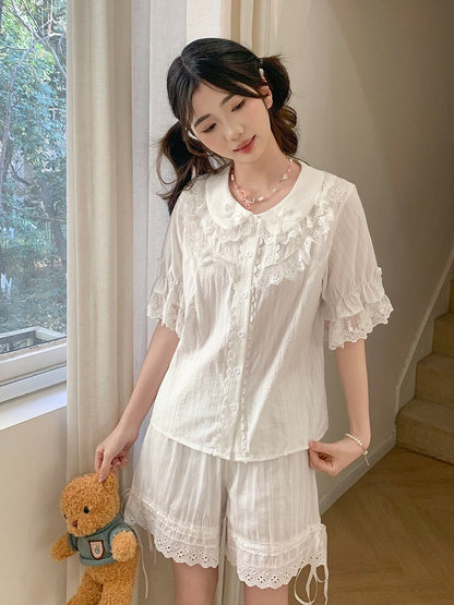 White Kawaii Lace Trim Blouse - Lan Jian Chuan