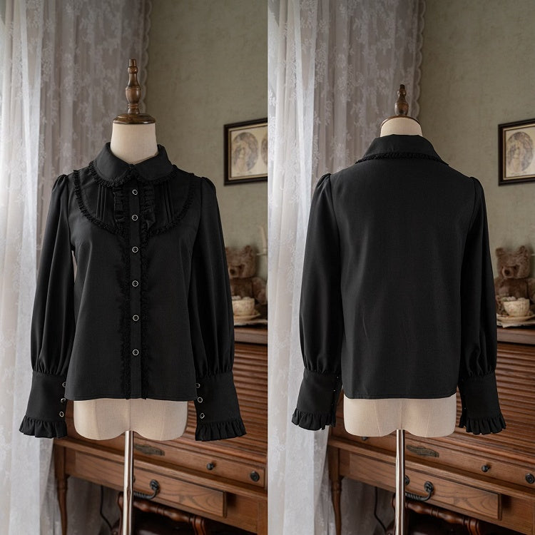 ブラックのラウンドフラットカラー長袖シャツ