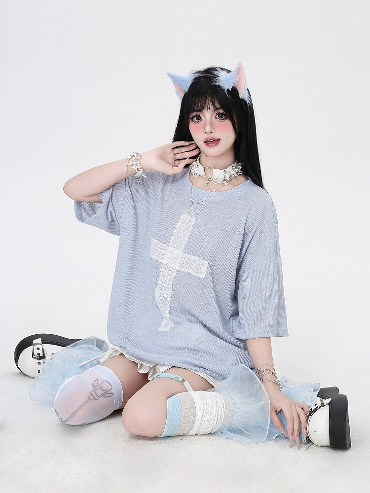 Light Blue Cross Applique Loose T-Shirt