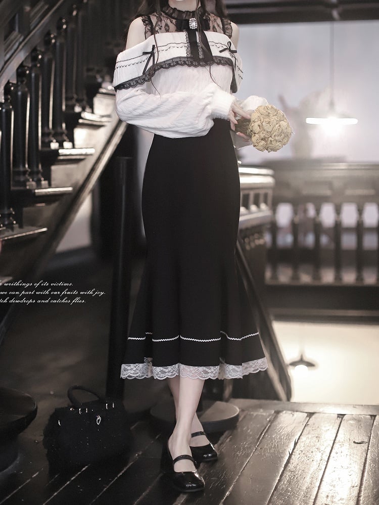 Elegant Black Jirai Kei High Waist Mermaid Skirt with White Lace Hem