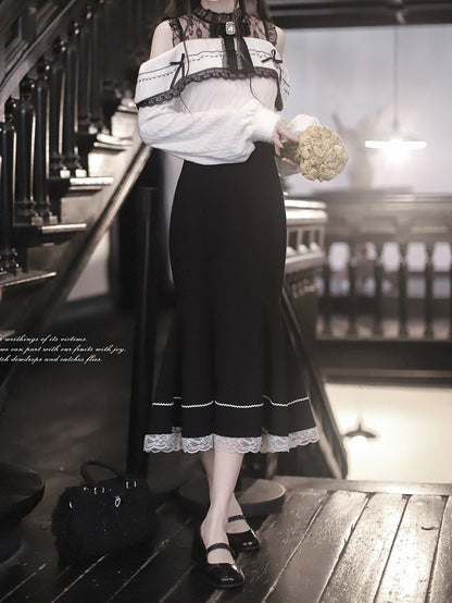 Elegant Black Jirai Kei High Waist Mermaid Skirt with White Lace Hem