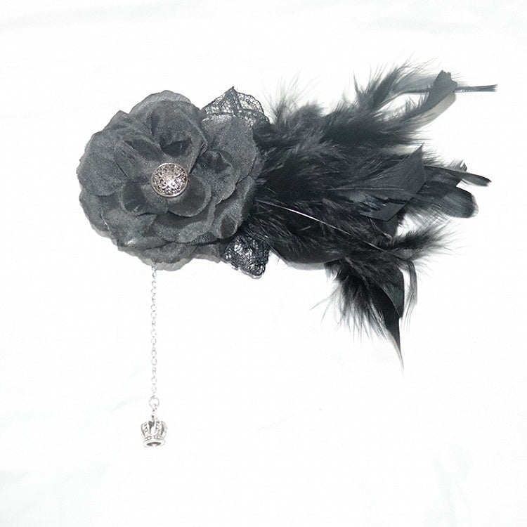 Crown Charm Design Black Feather Decorated Hairclip Floral