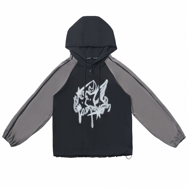 Hoodie Print Gray Colorblock Design and Star Loose Black