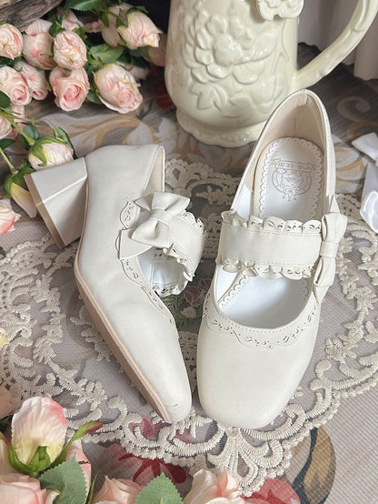 Block Scalloped Apricot Lolita Decor with Design Janes Heel - Details High Bow Mary Slip-On Trim