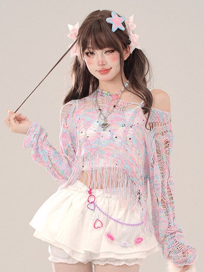 Colerful Hollow-Out Knit Top with Distress Trim One-Shoulder