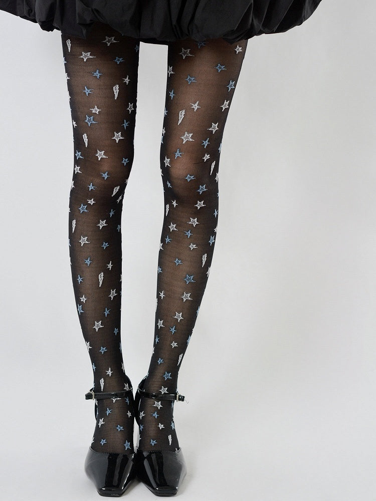 Tights Star with White White/Black Embroidery Blue Sheer