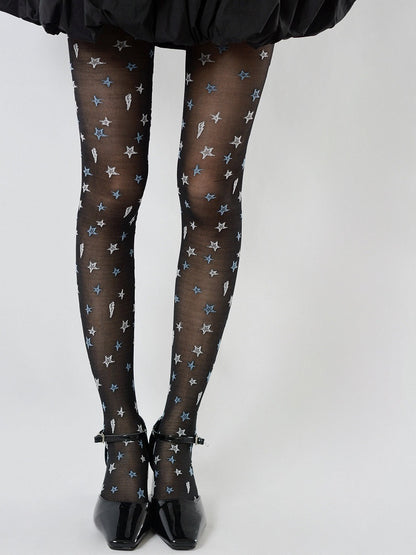 Tights Star with White White/Black Embroidery Blue Sheer