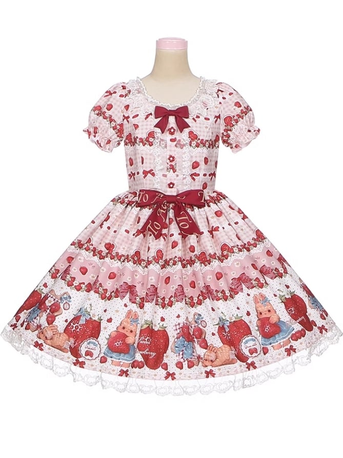 Frühlings-Erdbeer- und Kaninchen-Print, Spitzenbesatz, Schleife, Akzente, rosa, süßes Kleid, Lolita, einteilig