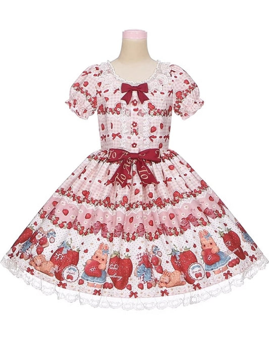 Spring Strawberry and Rabbit Print Lace Trim Bow Accents Pink Sweet Dress Lolita One Piece