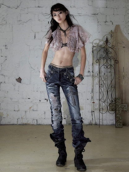 Dusty Pink Chiffon Cropped Top with Lace & Ruffle Trim - Romantic Punk Style