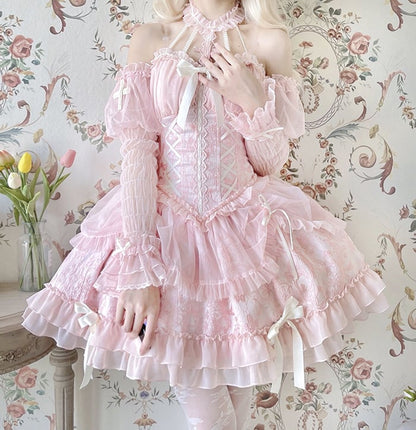 Neck Balletcore Corset Lolita Dress Pink Belle JSK Halter Cross