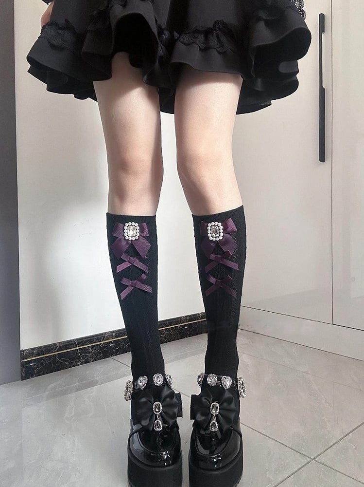 with Square 6 Jirai Rhinestone Socks Decoration Bow Calf Kei Colors