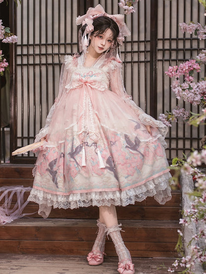 Peach Blossom Print Pink Empire Waist Chinoiserie Lolita Dress with Beaded Sheer Overlay - Dream Magic Box