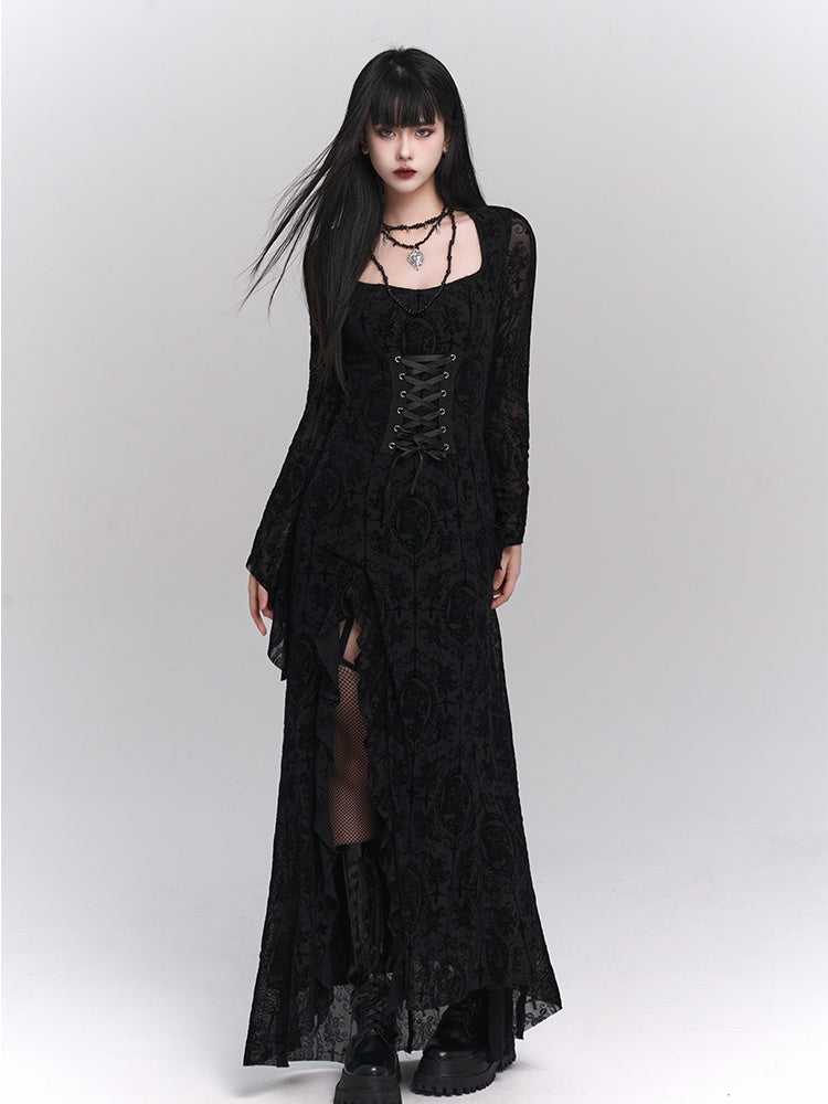 Gothic Black Bell Sleeves Side Slit Rosette Lace Dress with Lace-up Detail