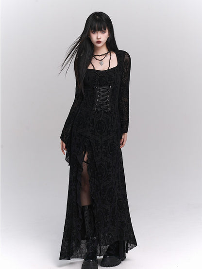 Gothic Black Bell Sleeves Side Slit Rosette Lace Dress with Lace-up Detail