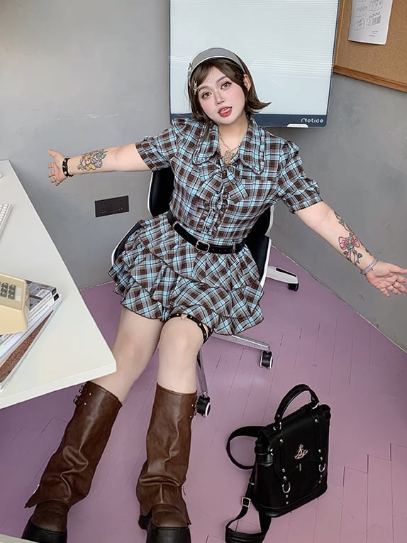 Plus Size gestufte blau-braune karierte Bluse mit adretten Ärmeln im Preppy-Stil, kurzer Rock /