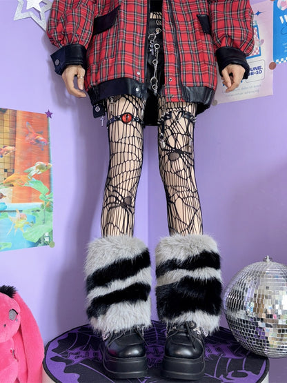 ベージュ/グレー Y2K ゼブラストライプ柄 25cm レッグウォーマー