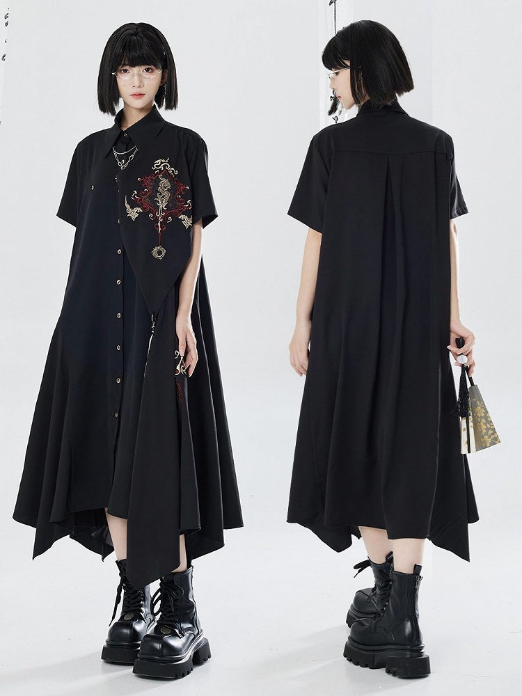 Asymmetrical Dragon Embroidery Long Dress - Qing Tang Original
