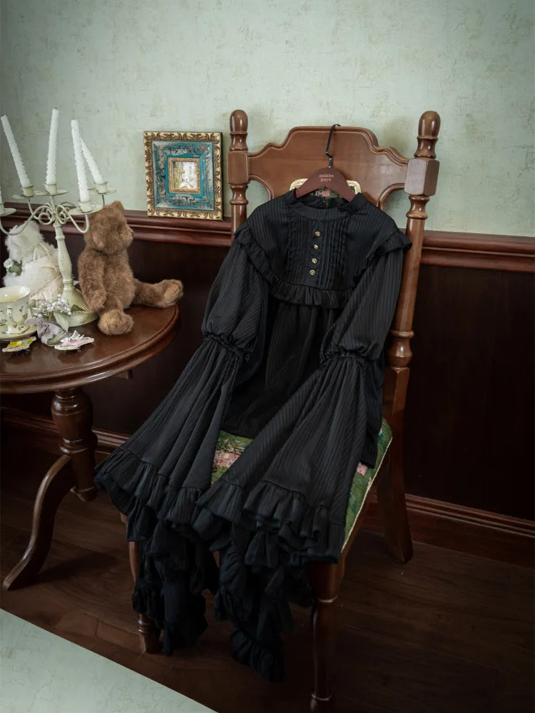 Flounce Trim Gothic Black Blouse Bell Sleeves