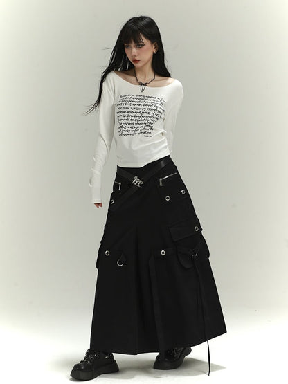 Schwarzer, lockerer Rock mit Cargotaschen und Reißverschluss und Ringdetail