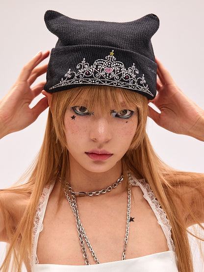 Y2K Knitted Beanie Crown Rhinestone Black