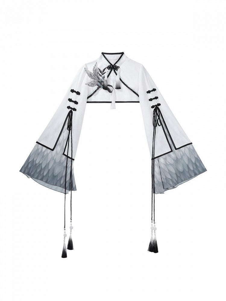 Monochrome Plum Blossom Bell-Sleeve Crop Top with Tasseled Hanfu Charm - Han Ru Chu Hanfu & Han-Element Studi