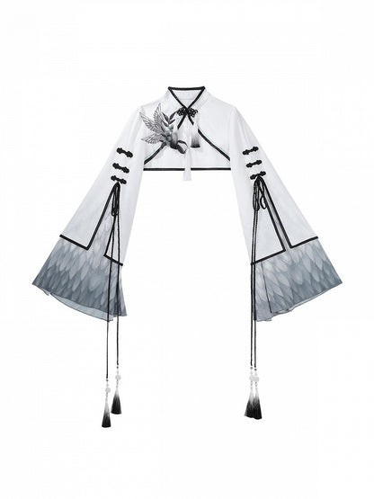 Monochrome Plum Blossom Bell-Sleeve Crop Top with Tasseled Hanfu Charm - Han Ru Chu Hanfu & Han-Element Studi