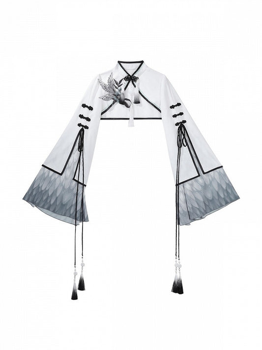 Monochrome Plum Blossom Bell-Sleeve Crop Top with Tasseled Hanfu Charm - Han Ru Chu Hanfu & Han-Element Studi