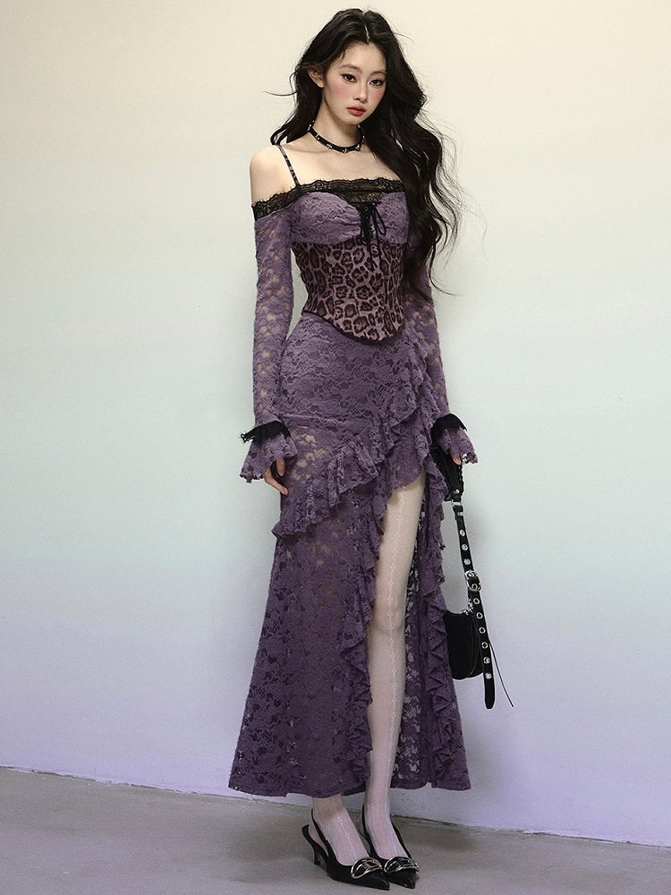 Purple Leopard Corset Bodice High Slit Flounce Hem Mermaid Skirt Off Shoulder Lace Dress Evening Gown