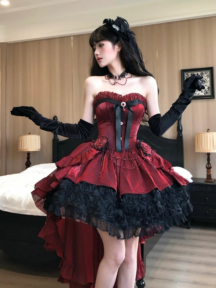 Lolita Bouquet Strapless Boned Red Gothic Hem with Black Rose Dress