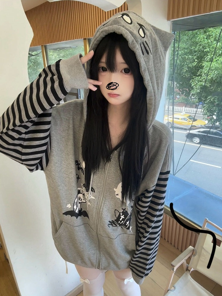 Alt-Culture Halloween-Themed Jacket Print Gray Zip-Up with Hood Cat-Ear