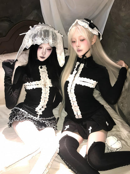 Gothic Sleeves Black Top with Long Options Motif Regular/Thinner High Cross Neck - Decorative