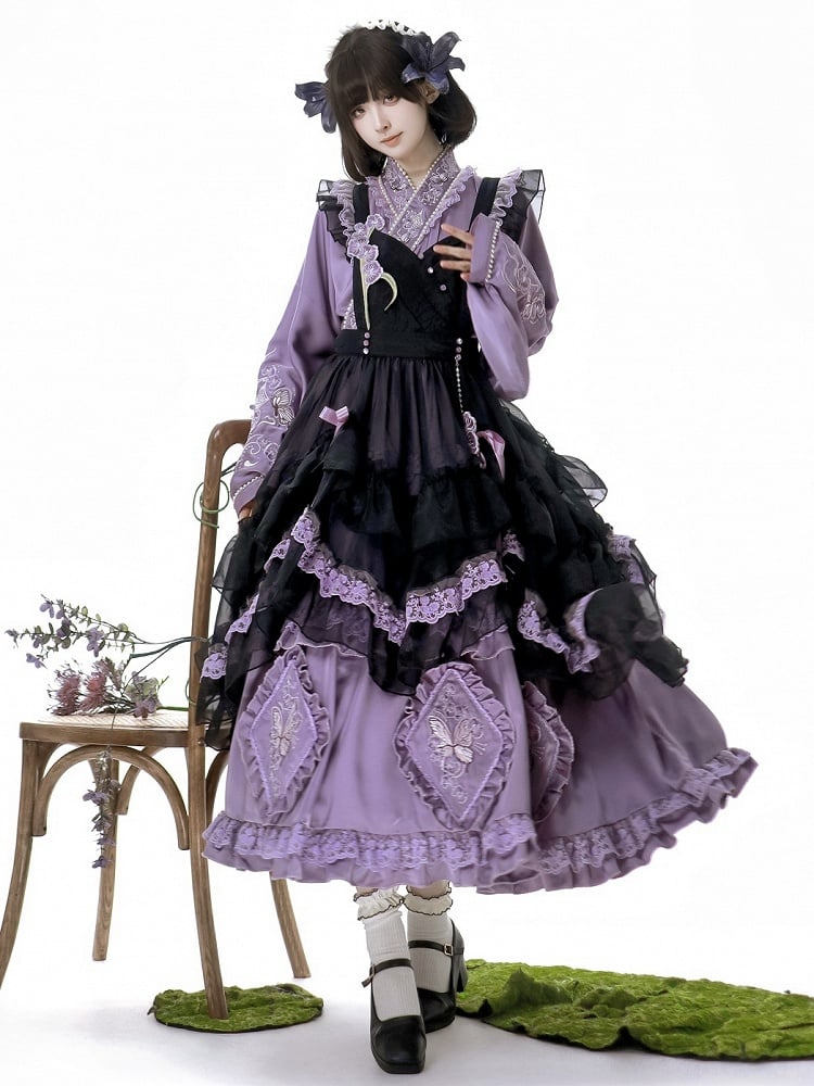 Zarte Schmetterling Schürze Lolita Kleid Schwarz Set Lila Han und Stickerei Voll Floral +