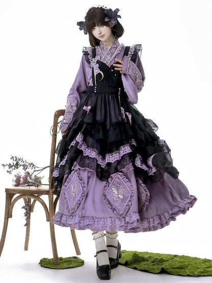 Zarte Schmetterling Schürze Lolita Kleid Schwarz Set Lila Han und Stickerei Voll Floral +