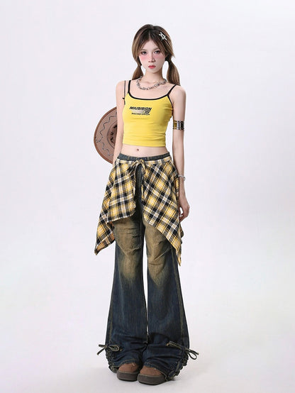 Distressed Detachable Cuffs Hem Plaid with and Handkerchief Skirt Blue Jeans Flared Drawstring