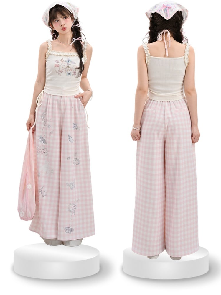 White Ruffled Waist Tank Top Square Neckline Butterfly Print Drawstring