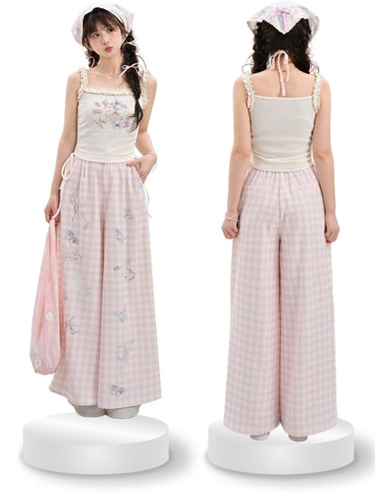 White Ruffled Waist Tank Top Square Neckline Butterfly Print Drawstring