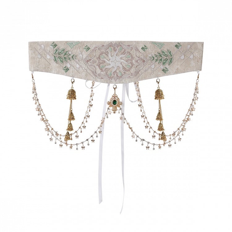 Greek-inspired White Lolita Gold Chiffon Corset Dress + Belt with Accents Embroidered