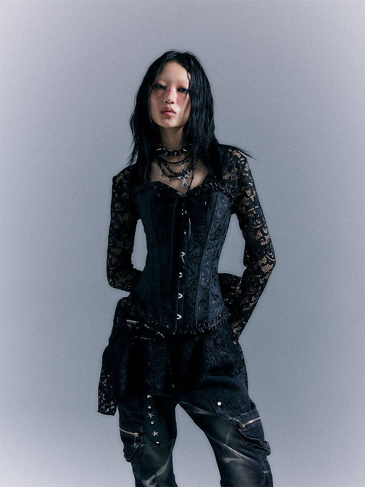 Floral Embroidered Corset with Lace Trim Punk Black