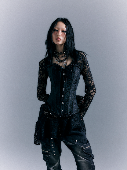 Korsett mit Blumenstickerei und Spitzenbesatz Punk Schwarz