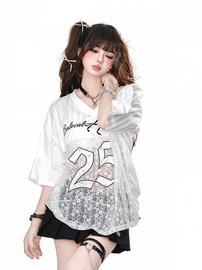 Black/White V-Neck Number Print Contrast Lace Patches Loose T-shirt