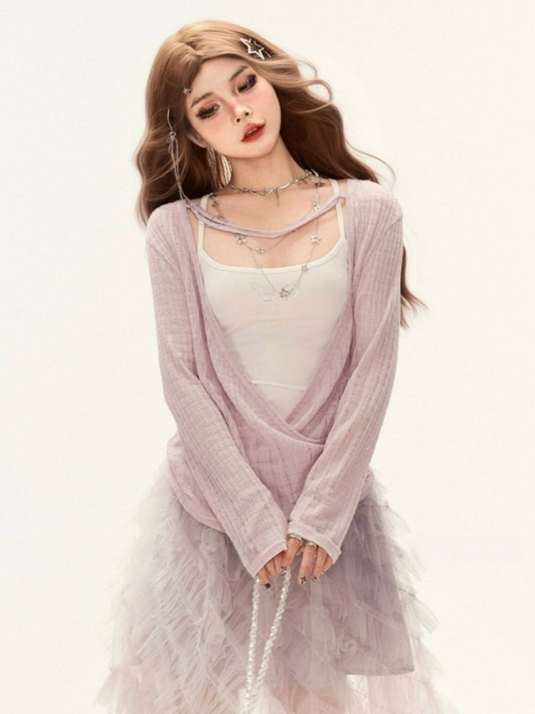 Deep with Cover-Up Loose Sun Cardigan V-Neck Purple Knit Protection