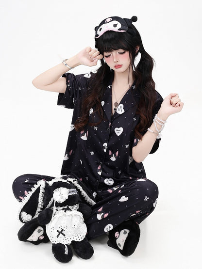 Otaku-Style Black Lounge Wear Set: Kitten Print Short-Sleeve Top + Matching Pants - CRAZY GIRL