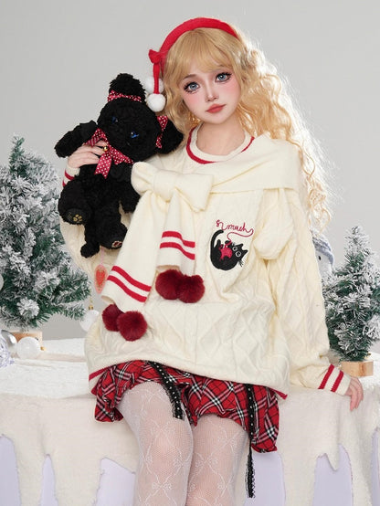 White Kitty Embroidery Scarf Round Neck Christmas Sweater