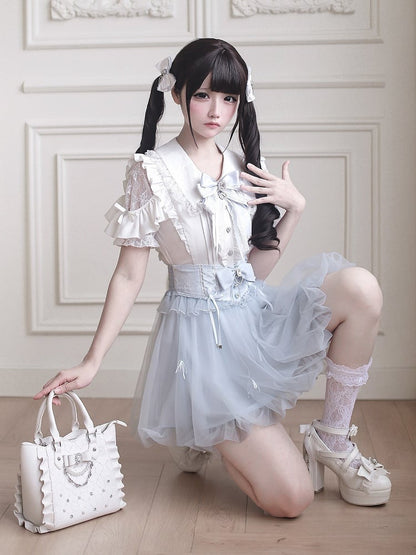 Blue Bubble Skirt with Detachable Rhinestone Bow - Ekomi