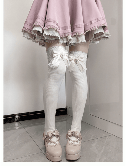 アプリコットリボンディテールフロントハートラインストーンジライケイオーバーニーストッキング