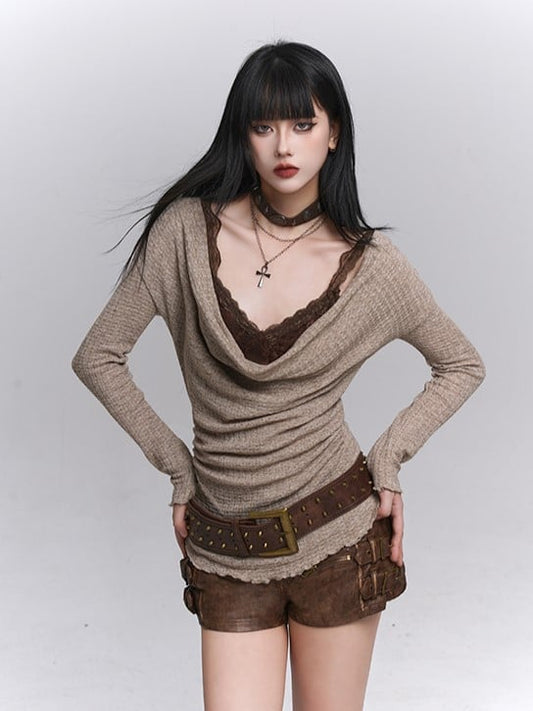 Cowl Beige Neck Top Belt Ruched Gothic with Brown