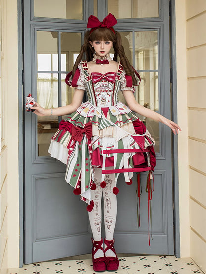 Lolita with Circus Puff Red Embroidery Bunny and Jumper Detachable Sleeves Skirt Dress Green Sweet
