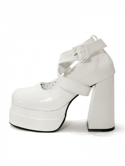 Platform Dual Ribbons White Heels Detachable Lolita - Straps Sophisticated High Block Buckle Crossed